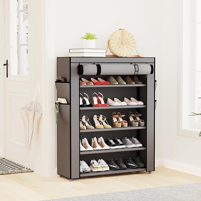 Mavivegue Shoe Rack with Cover, 5 Tier Shoe Organizer for Entryway, Shoe Storage for Front Door Entrance, Closet, Garage, Grey-NeatNest