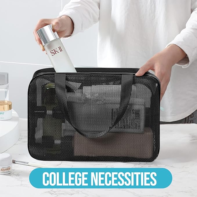 Mesh Shower Caddy Mash Shower Bag Black Portable Mesh Accessories Organizer Tote for Gym College Dorm Room (Black-Large)-NeatNest