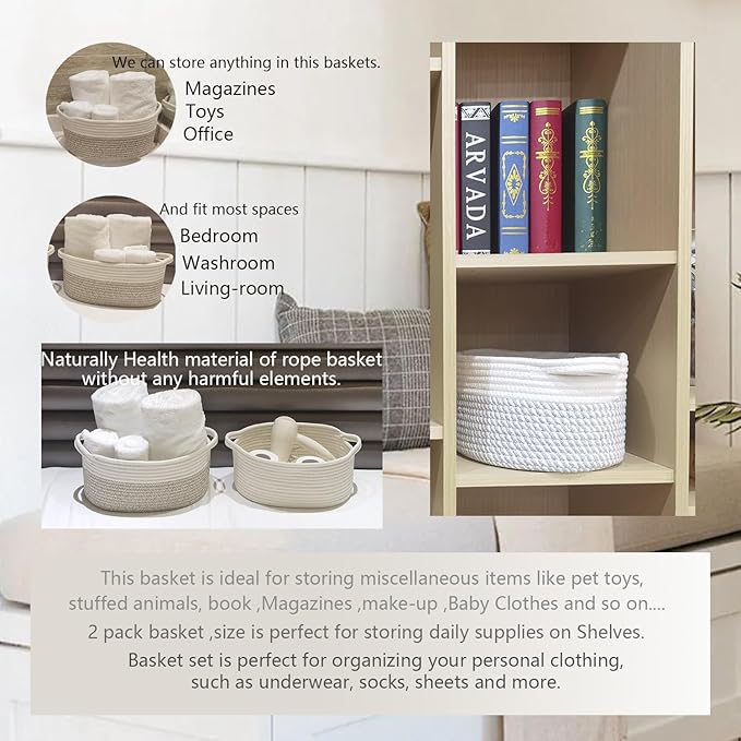 2PACK Small Woven Storage Basket for Organizing|Cotton Rope Basket for Closet Shelving Storage|Gift Basket for Empty with Handles for Toys, Books for Living Room, Bedroom（White）