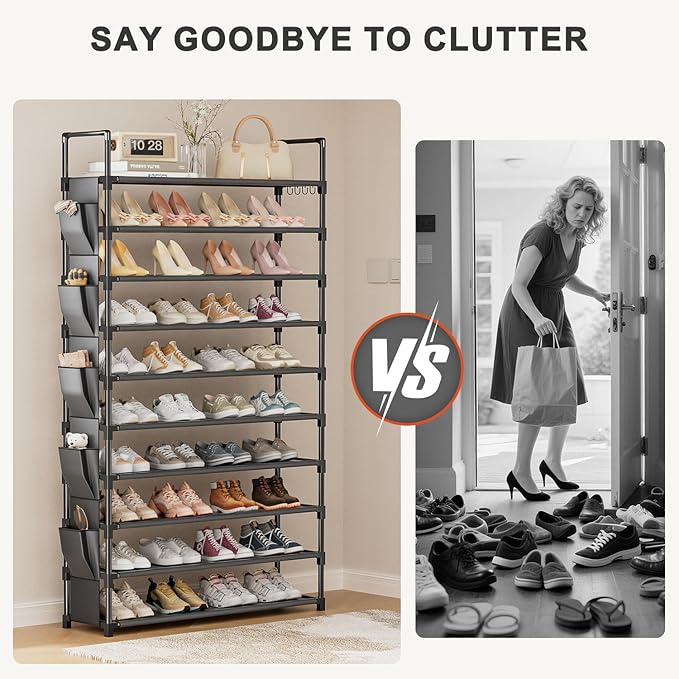 Tall Shoe Rack 10 Tier Shoe Racks Organizer for Closet 40-45Pairs,Large Capacity Storage Rack for Shoes with 5Hooks,Sturdy Metal Shoe Shelf, Vertical Shoe Stand Tower-NeatNest