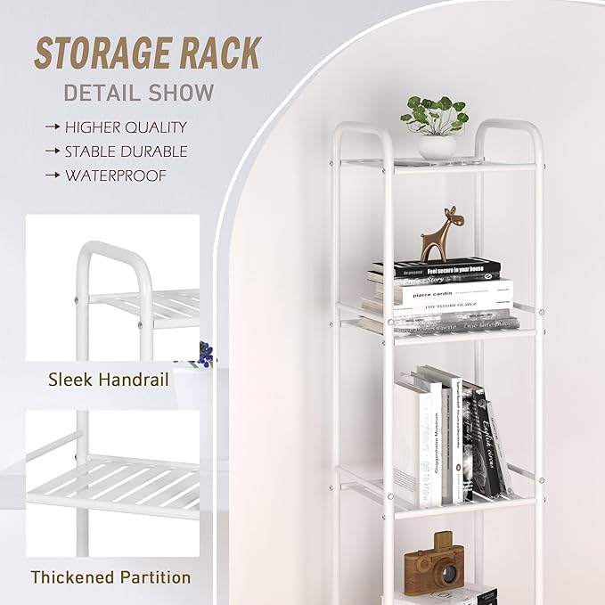JSB 5 Tier Narrow Bathroom Shelving Unit, Kitchen Storage Rack Organizer Metal Corner Shelf for Living Room Laundry Pantry (Matte White, 5 Tier)-NeatNest