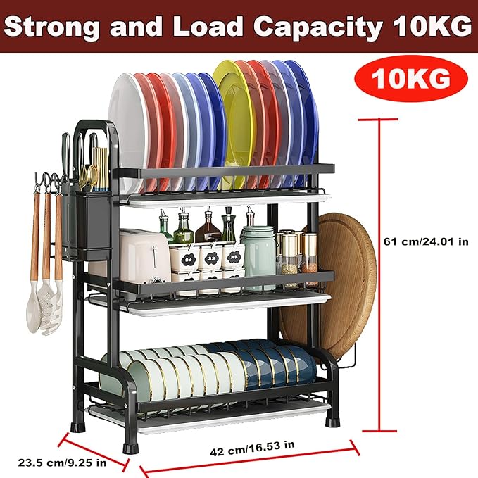 Dish Drying Rack,Dish Racks Drainer,Over The Sink Dish Drainer Drying Rack 3 Tier with Drain Tray,Chopsticks Rack,Knife Holder