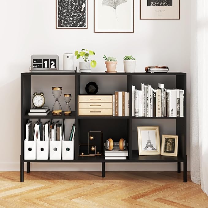 6 Cube Bookcase, Wood Storage Organizer with 5 Metal Legs, Bookshelf with Storage, Cubical Storage Shelf, Wooden Book Shelf, Display Shelves for Bedroom, Living Room, Entryway (Black)