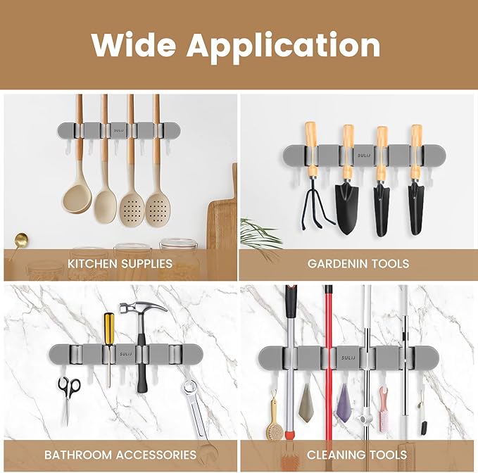 2Pcs Broom Mop Holder with Hooks Wall Mounted Broom Storage Rack No Drilling Self-Adhesive Mop Broom Organizer Mop Holder Hanger for Bathroom Office Kitchen Closet Garage,Grey (2)-NeatNest
