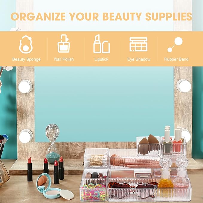 18 Pcs Clear Drawer Organizer Stackable 4 Size Clear Makeup Drawer Organizer Trays Acrylic Bathroom Vanity Storage Bins for Cosmetic, Jewelries, Office Supply, Kitchen Utensils(Stripes)