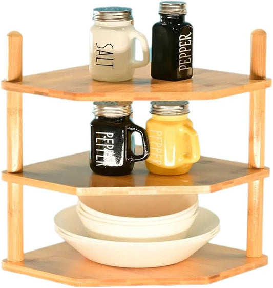 Expandable Bamboo Corner Shelf for Cabinet - 2-5 Tiers Plate Organizer, Kitchen Space Saver, Minimal Tool Assembly (Powered by Gogogo)(2 Tier) (Nature, 3.9" H(3 Tier))-NeatNest