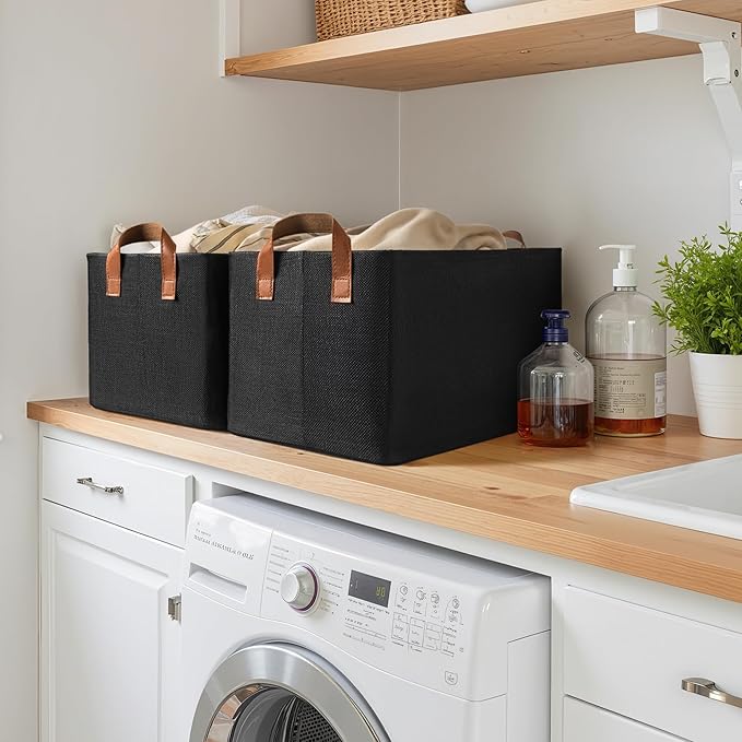 GRANNY SAYS Storage Baskets for Shelves, Closet Organizer Bins, Clothes Storage Bins with Metal Frame, Large Baskets for Organizing and Storage, Collapsible, Black, 2-Pack-NeatNest