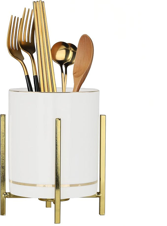Fork and Spoon Holder Cute, Gold Spoon Stand, Countertop Silverware Holder, Small Utensil Holder for Kitchen Countertop, Ceramic Cup with Gold Trim, Kitchen Decor, 1 Pc-NeatNest