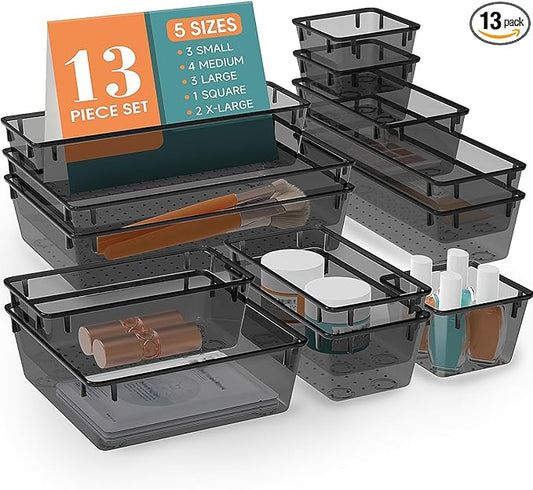 13 PCS Drawer Organizer Set, 5 Varied Size Bathroom and kitchen Drawer cabinet organizer Trays, Clear Storage Bins for Makeup, Jewelry, Utensils and Gadgets, Black-NeatNest