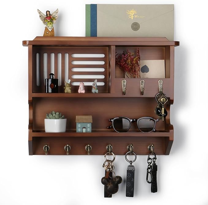 Key Holder for Wall, Mail and Key Holder for Home Decor, Key and Mail Holder for Wall with Key Hooks, Walnut