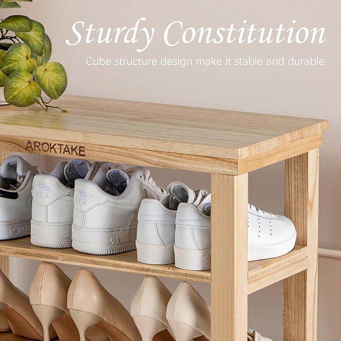 Small Shoe Rack Bench, Wooden Shoe entryway Bench, Shoe Organizer for Hallway, Living Room(Natural, 23.62”)-NeatNest