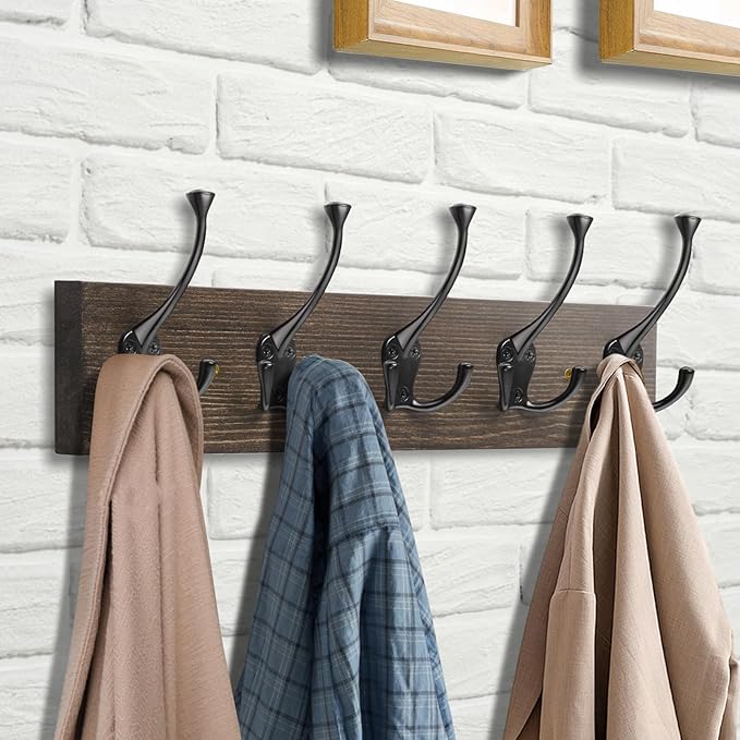 IBosins 2 Pack Coat Rack Wall Mount, 17'' Old Wood Color Coat Hanger, Rustic Wooden Metal Coat Hooks Rail for Entryway Living Room Coat Jacket Scarf Bag Towel Hat