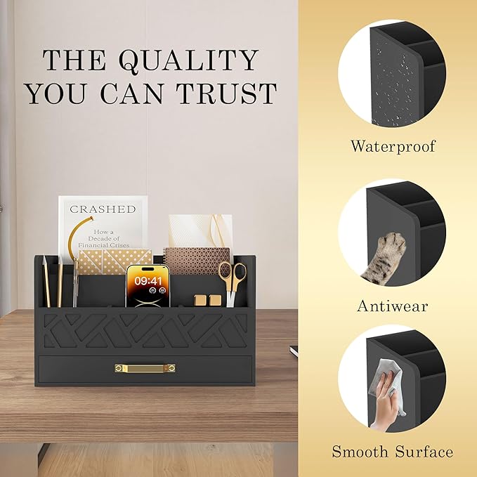 Bamboo Mail Organizer Countertop Wood Desk Organizer Drawer Tabletop Storage Box Letter Sorter Makeup Organizer for School Home Office Supplies Black-NeatNest