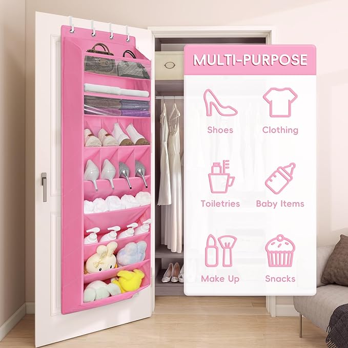 FENTEC 1 Pack 8 Shelves Over The Door Shoe Organizer,68" Exlarge Deep Pockets Hanging Shoe Organizers, Shoe Rack for Closet, Shoe Holder for Boots,Over Door Organizer in Home, RV, Dorm, Pink-NeatNest