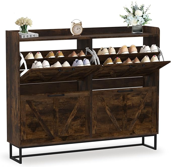 Hidden Shoe Storage Cabinets with 4 Flip Drawers and Metal Legs, Freestanding Narrow Shoe Organizer Rack for Entryway, Rustic Brown-NeatNest