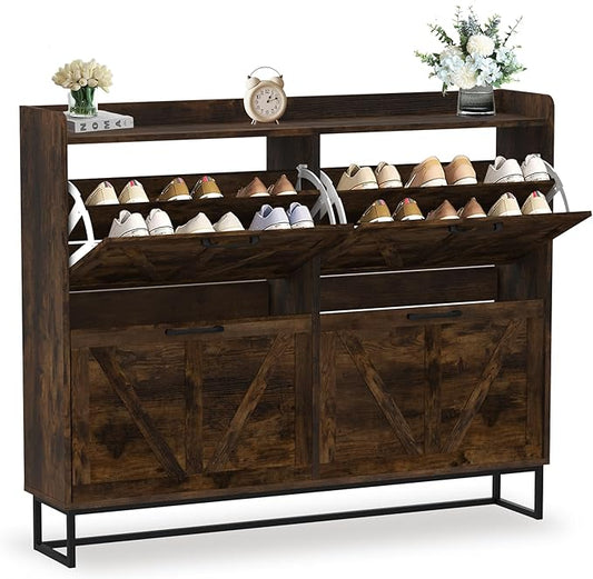 Hidden Shoe Storage Cabinets with 4 Flip Drawers and Metal Legs, Freestanding Narrow Shoe Organizer Rack for Entryway, Rustic Brown-NeatNest
