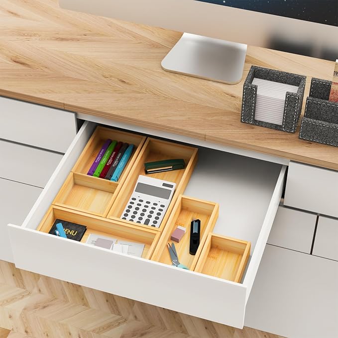 Bamboo Drawer Organizer Set, 5-PCS Adjustable Kitchen & Office Drawer Organizers, Multipurpose Storage Trays for Utensils, Makeup, Jewelry, Bathroom & Desk Accessories-NeatNest