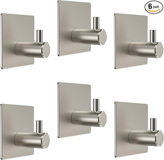 Brushed Nickel Self Adhesive Towel Hooks for Bathroom Wall Door Mounted - SUS304 Stainless Steel Strong Strips Stick on 3M Wall Hooks for Hanging Coat, Hat, Bag, Key, Jacket – 6 Pack-NeatNest