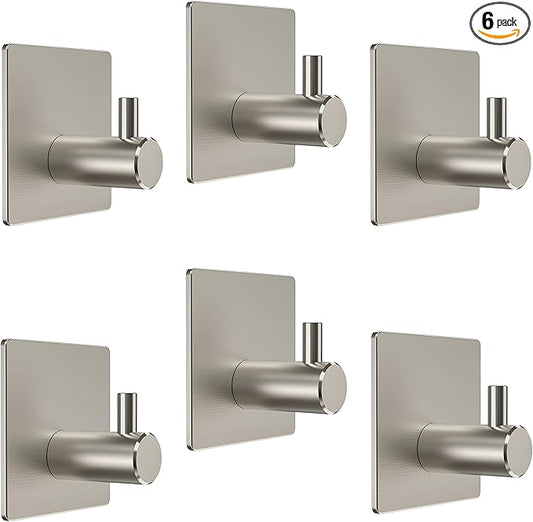 Brushed Nickel Self Adhesive Towel Hooks for Bathroom Wall Door Mounted - SUS304 Stainless Steel Strong Strips Stick on 3M Wall Hooks for Hanging Coat, Hat, Bag, Key, Jacket – 6 Pack-NeatNest