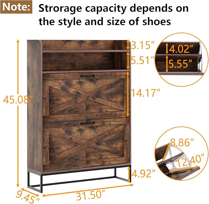 Shoe Cabinet, Freestanding Tipping Bucket Shoe Storage Cabinet with 2 Flip Drawers, Entryway Shoe Rack with Storage Top Cubby, Narrow Slim Hidden Shoe Organizer with Doors (Brown)-NeatNest