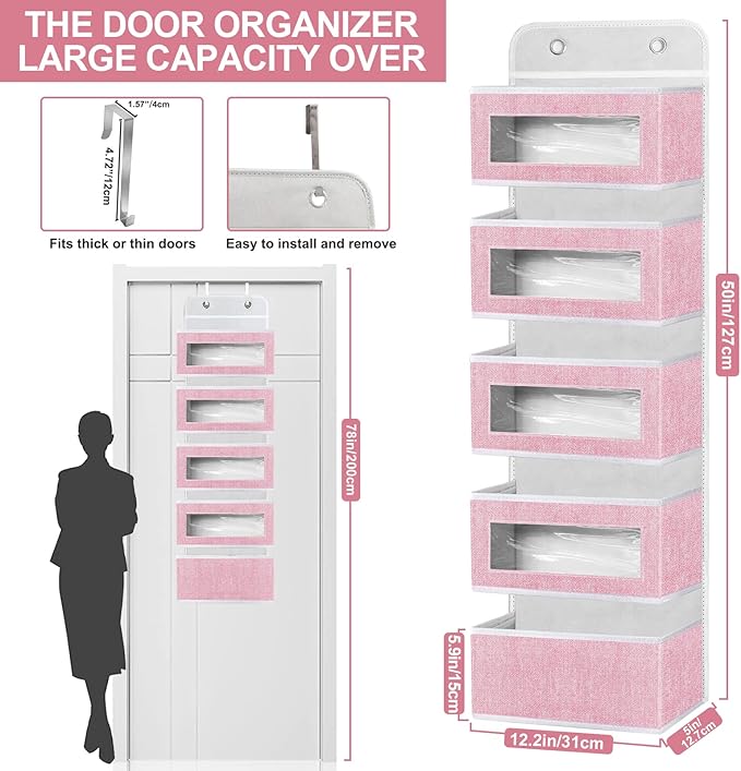 homyfort Over the Door Organizer, Hanging Baby Diaper Organizer for Nursery, Pink Wall Storage Organizer with 5 Large Pockets for Girls Room,Pantry,Dorm,Bathroom,Closet-NeatNest