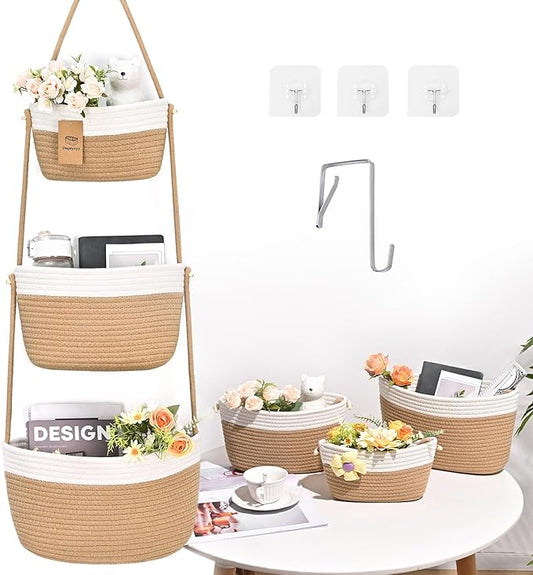 Hanging Storage Baskets, 3-Tier Over the Door Basket, Cotton Wall Basket Storage, Detachable Hanging Door Basket with 4 Hooks, Over the Door Organizer Nursery for Bedroom, Living Room, Bathroom Wall