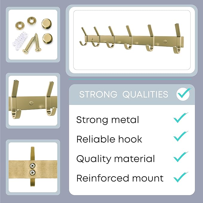 Brushed Gold Wall Mounted Coat Rack – 17 Inch Stainless Steel Rail with 6 Double Coat Hooks for Entryway, Bathroom, Bedroom, Kitchen – Modern Gold Hook Rack for Coats, Hats, Towels-NeatNest