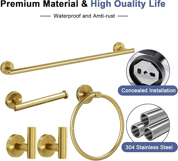 Brushed Gold Bathroom Hardware Set, 18 Inch SUS304 Stainless Steel Bath Towel Bar Set, Bathroom Accessories Set, Towel Rack, Towel Ring, Toilet Paper Holder, Robe Towel Hooks, 5-Pieces