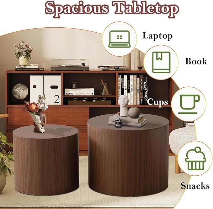 Stylish Nesting Coffee Table Set of 2, Elegant Chic Round Wooden Center Table - Smooth Finish & Easy to Clean, No Assemble Needed (G)