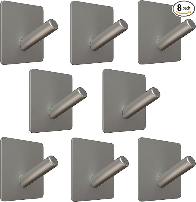 Brushed Nickel Self Adhesive Towel Hooks for Bathroom Wall Door Mounted - SUS304 Stainless Steel Strong Strips Stick on 3M Wall Hooks for Hanging Coat, Hat, Bag, Key, Jacket – 8 Pack-NeatNest