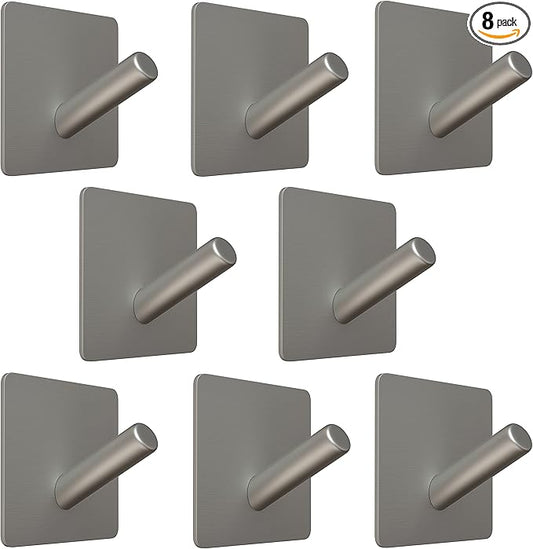 Brushed Nickel Self Adhesive Towel Hooks for Bathroom Wall Door Mounted - SUS304 Stainless Steel Strong Strips Stick on 3M Wall Hooks for Hanging Coat, Hat, Bag, Key, Jacket – 8 Pack-NeatNest