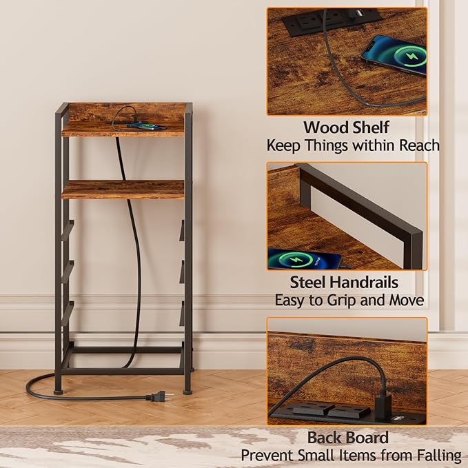 Furnulem Night Stand with Charging Station and Led Light, 4 Drawer Dresser for Bedroom, Small Nightstand Bedside Table, Fabric Bins, Metal Frame, Wood Shelf, Side Furniture(Rustic Brown)