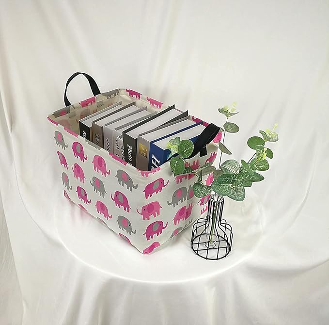 Elephant Print Rectangular Storage Bin Shelf Basket Canvas Fabric Toy Box,Waterproof Coating Nursery Hamper with Handles,Gift Basket for Home,Office,Clothes,Books(pink grey elephant)