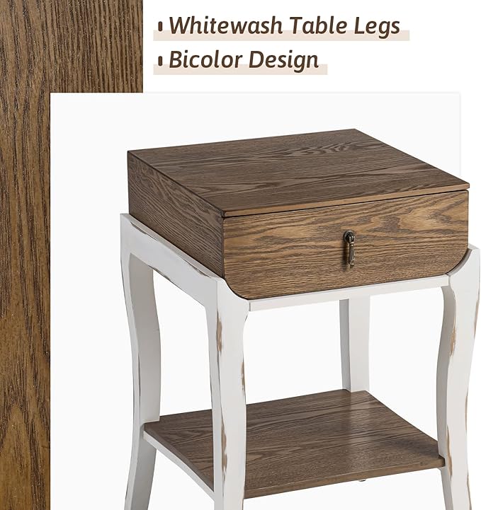 COSIEST Rustic Nightstand, 2-Tier Farmhouse Bedside Table, Wood Accent End Table with Storage Drawer and Open Display Shelf for Bedroom Nursery Living Room(Walnut)-NeatNest