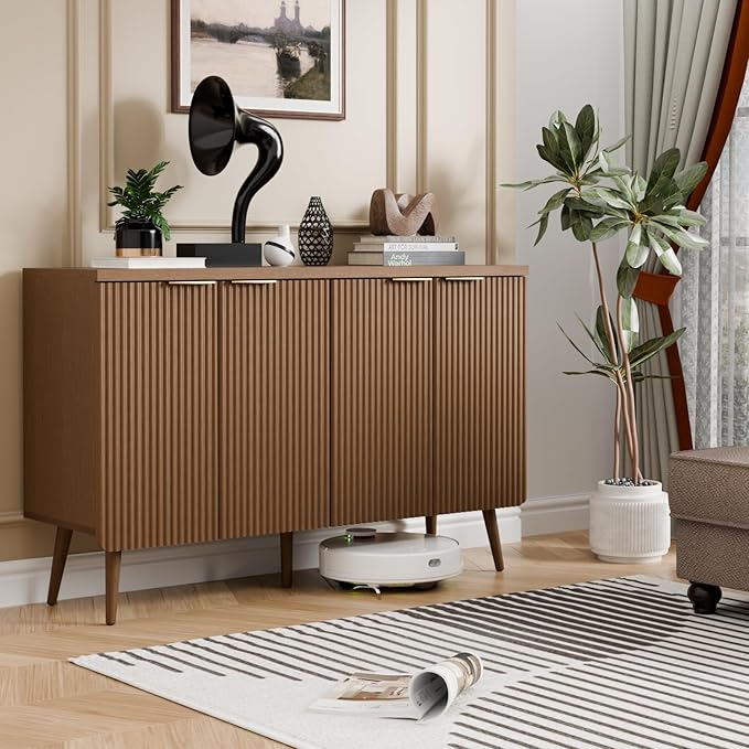 47.2" Sideboard Buffet Cabinet with Storage, Modern Fluted Accent Credenza with 4 Doors, Buffet Media Console Entryway Cabinets with Adjustable Shelves for Living Dining Room Hallway, Walnut-NeatNest