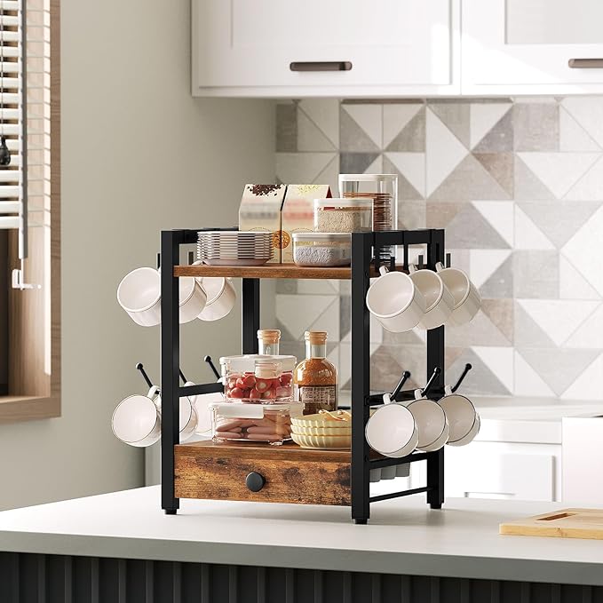 3-Tier Coffee Mug Holder with 12 Hooks, Coffee Bar Organizer, 25 Pods Capacity, Versatile Desktop Storage Rack, Space-Saving, for Kitchen, Living Room, Rustic Brown and Black MH01BR-NeatNest
