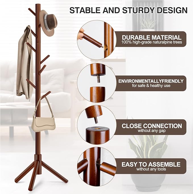 Coat Rack, Freestanding Coat Rack with 8 Hooks and 3 Adjustable Size Tree Coat Racks for Bedroom, Hallway, Entrance, Office, for Hats, Coats, Scarves, Handbags-NeatNest