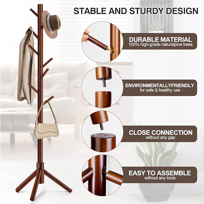 2 PCS Coat Rack, Freestanding Coat Rack with 8 Hooks and 3 Adjustable Size Tree Coat Racks for Bedroom, Hallway, Entrance, Office, for Hats, Coats, Scarves, Handbags-NeatNest