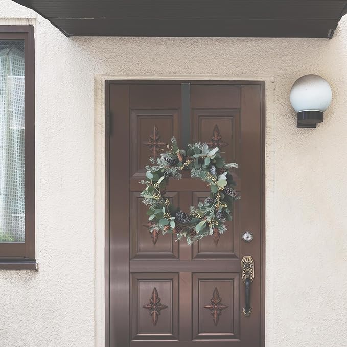12 & 8 Inch Heavy Duty Wreath Hooks 4 Pack - Holds 50 lbs! No Drill Storm Door Hangers, Steel Over Door Hooks for Holiday Decor, Fits Door Tops 1"-2.2" Thick (Black)
