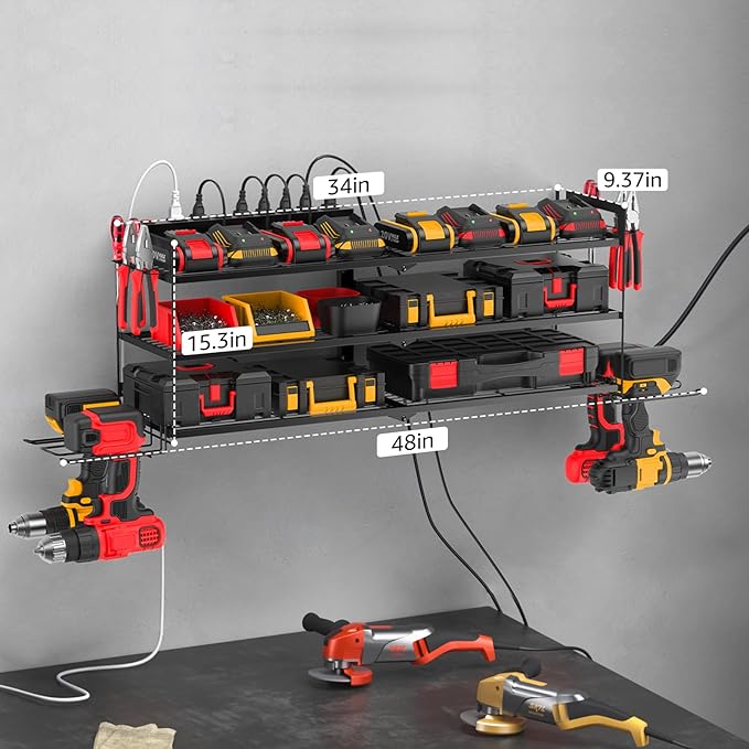CCCEI Large Garage Tools Storage with Charging Station. Power Tool Battery Organizer Utility Shelf with Power Strip. 4 Drills Holder Wall Mount Rack, Black 3 Layer.-NeatNest
