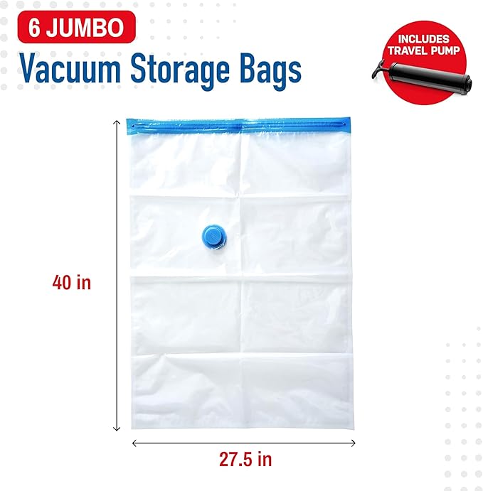 6 Pack Jumbo Vacuum Storage Bags for Comforters, Blankets & Clothes – Jumbo Vacuum Sealed Compression Bags with Hand Pump – Space Saver Storage Bags for Bedding, Moving, Travel & Organization-NeatNest