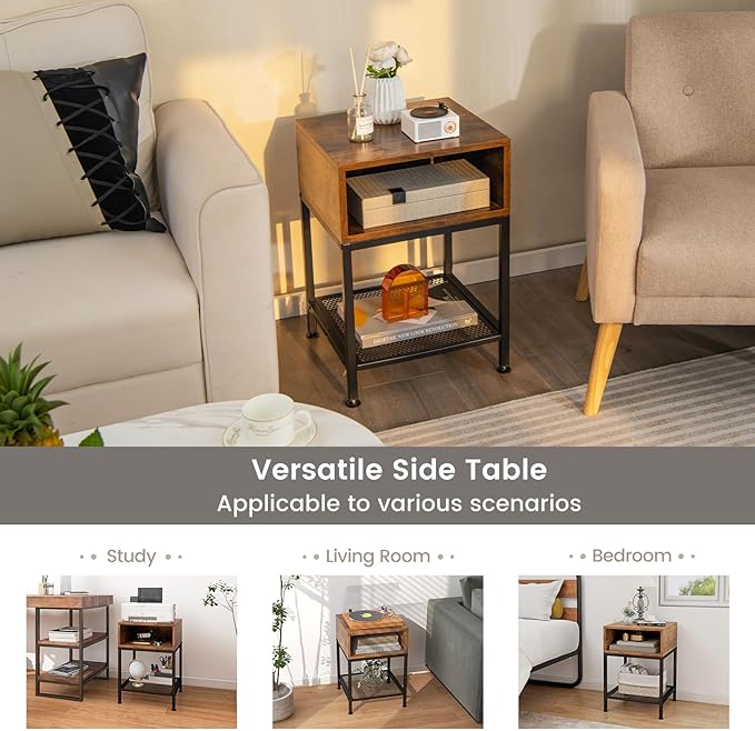 Giantex 2-Tier Side Table, Industrial End Table with Open and Mesh Storage Shelf, Stable Metal Frame, Telephone Table for Small Space, Bedside Table Night Stand for Living Room Bedroom, Rustic Brown