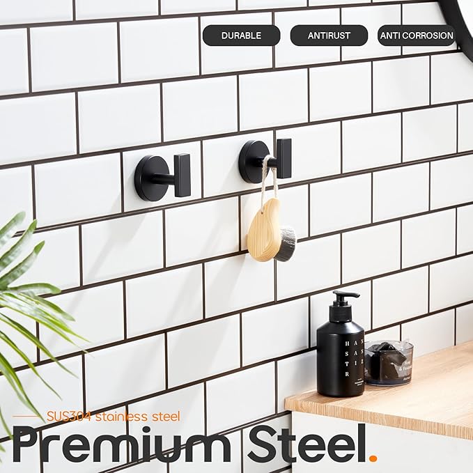 Robe Hook Matte Black Bath Towel Hooks Stainless Steel Wall Hooks for Bathroom Kitchen Closet Garage Door Hanger 2 Pack, AN1001MB-P2