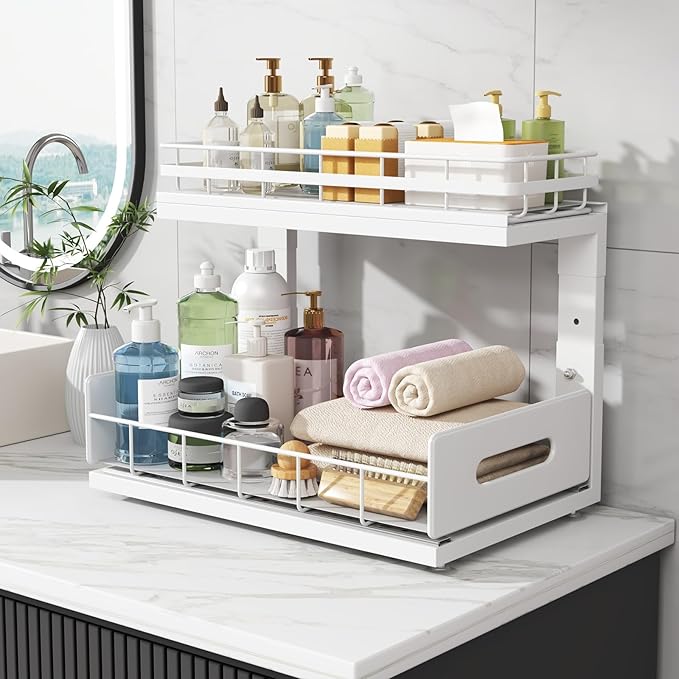 1 Pack Under Sink Organizer Upgrade To Professional Rails,2-Tier Dual Pull Out Cabinet Storage,Height Adjustable Slide Out Drawers For Bathroom Kitchen,Under Sink Shelf-White-NeatNest
