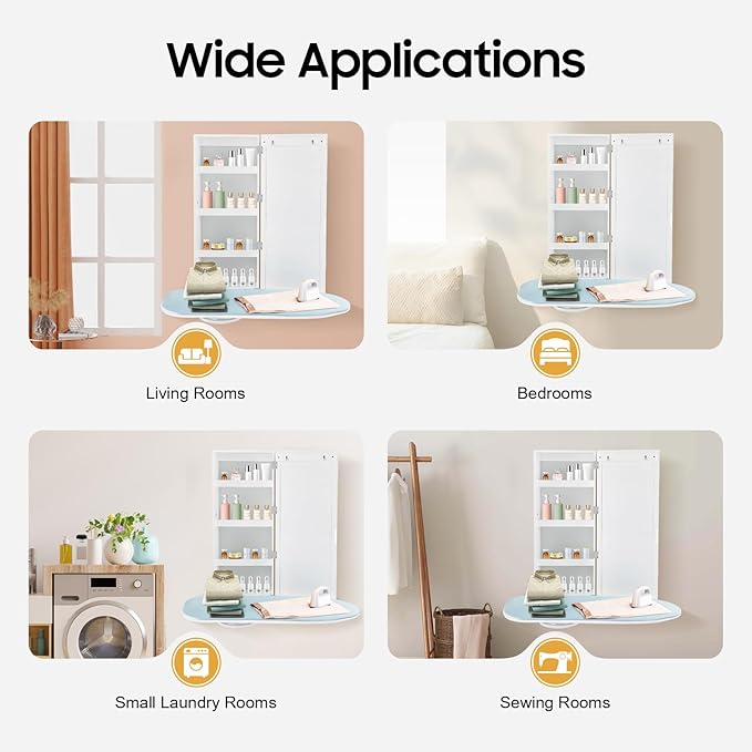 Ironing Board Cabinet Wall Mounted Storage Cabinet, Foldable Ironing Storage Station with Mirror, Built-in Rotating Ironing Board with Storage