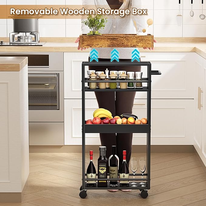 Slim Storage Cart, 4 Tier Bathroom Storage Cart with Pallets, Kitchen Utility Cart, Narrow Rolling Cart with Handle for Small Spaces for Dining Room, Bathroom, Laundry Room