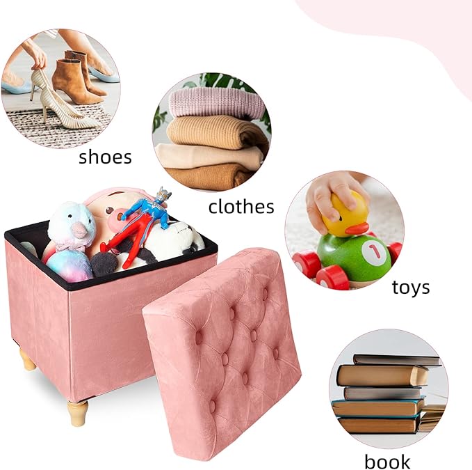 CAROLMADE Folding Storage Ottoman Cube Velvet Footstool with Wood Legs Ottoman Footrest for Living Room and Bedroom Pink, Grey 15"x12.6"x15.4"-NeatNest