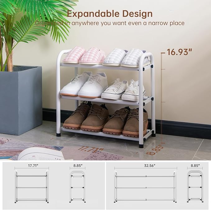 Gonfoam 3-Tier Expandable Shoe Rack,Adjustable Shoe Shelf Storage Organizer Heavy Duty Metal Free Standing Shoe Rack for Entryway Closet Doorway (White)-NeatNest