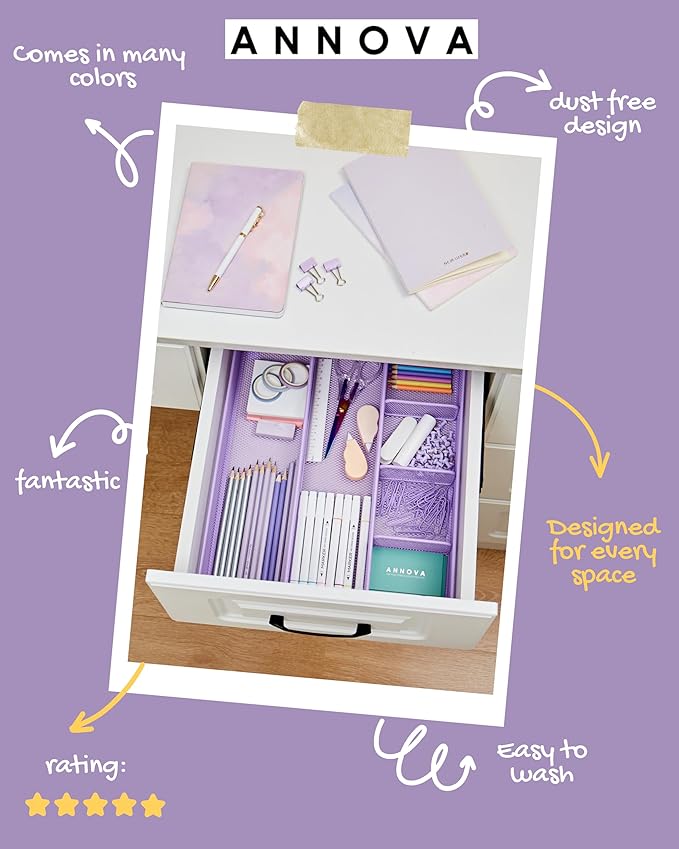 Annova Desk Top Organizer/Storage Tray - Metal Mesh with Dividers for Pens, Desktop Accessories, Bathroom, Kitchen, Makeup and Office Supplies (Large, Light Purple)-NeatNest