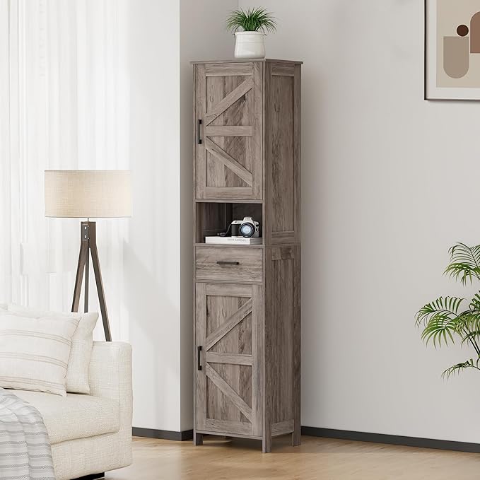 Homhedy 67" H Tall Bathroom Storage Cabinet with 2 Barn Doors and 1 Drawer, Narrow Storage Unit, Adjustable Shelves，Floor Cabinet for Bathroom, Living Room, Entryway, Kitchen, Greige, (15.7" W)